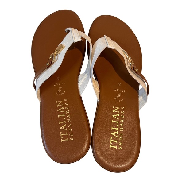 Italian Shoemakers Sandals Size 8 Brown White Thong Gold Accent Made In Italy - Picture 1 of 9